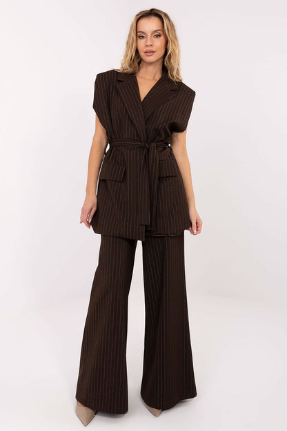 Elegant Striped Women's Gilet Vest with Tie Belt, displayed on a mannequin by Rue Paris, illustrating structured shoulder pads and relaxed fit.