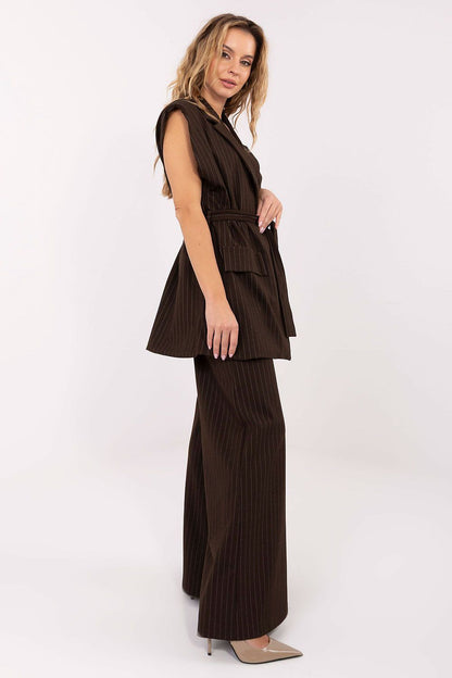 Elegant Striped Women's Gilet Vest with Tie Belt from Rue Paris, showcasing a chic and sophisticated design perfect for workwear, featuring structured shoulder pads and premium materials.