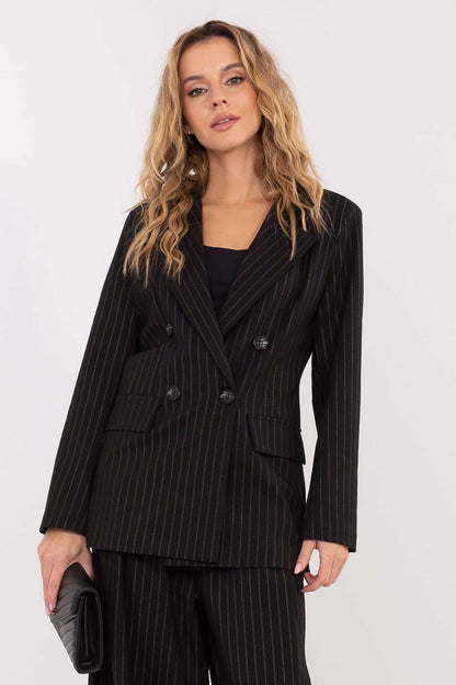 Elegant Double-Breasted Striped Blazer by Rue Paris showcased in sophisticated settings, perfect for chic office wear.