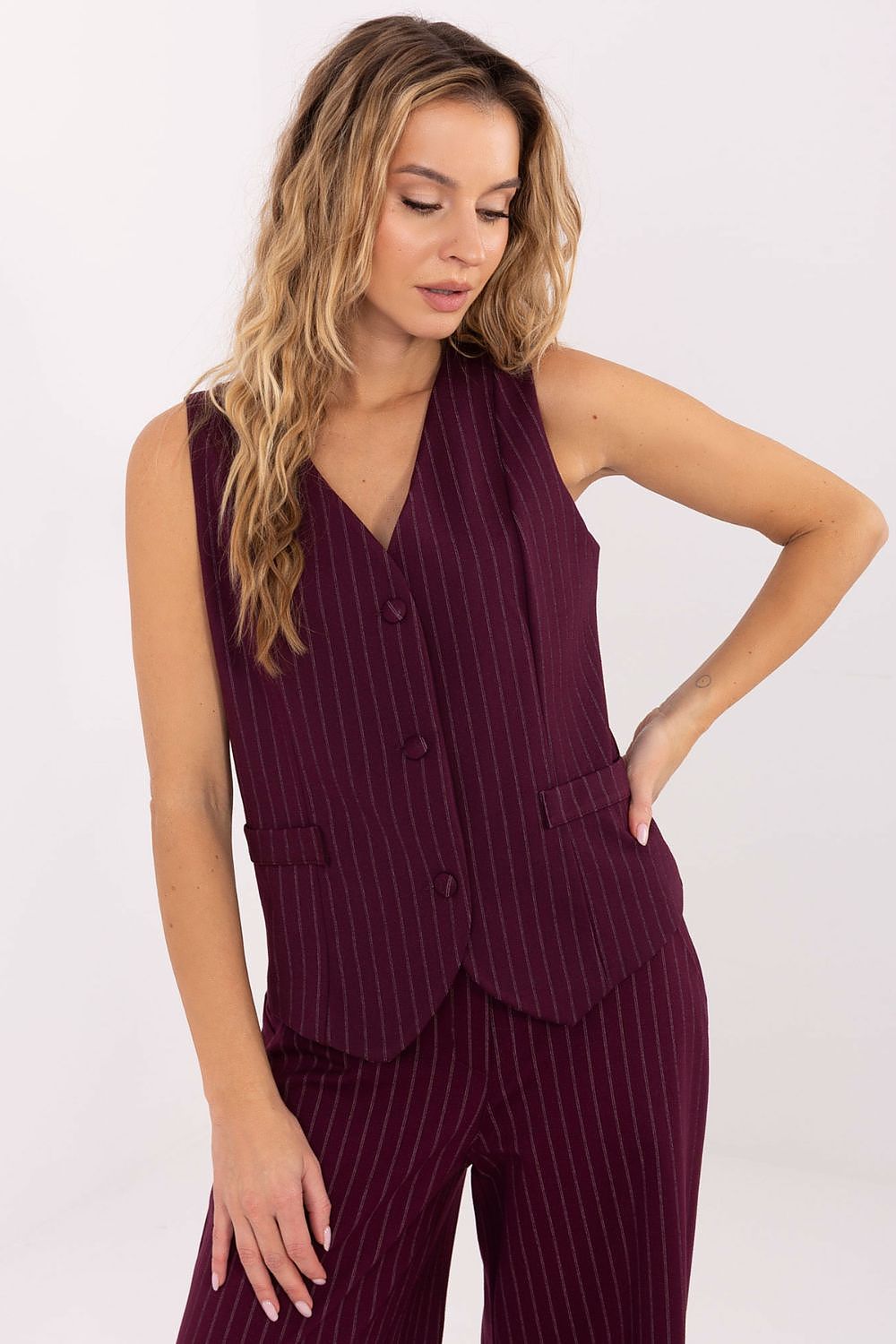 Close-up of the Elegant Striped Gilet Vest’s fabric by Rue Paris, showcasing its high-quality nylon and polyester blend.