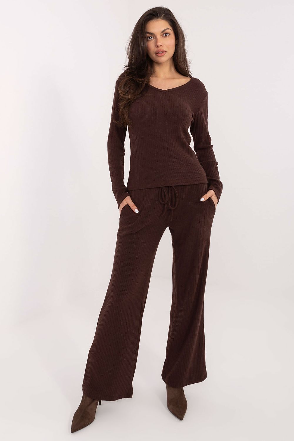 Close-up view of Luxury High-Waist Knit Trousers by Factory Price, highlighting soft premium fabric and ribbed texture.