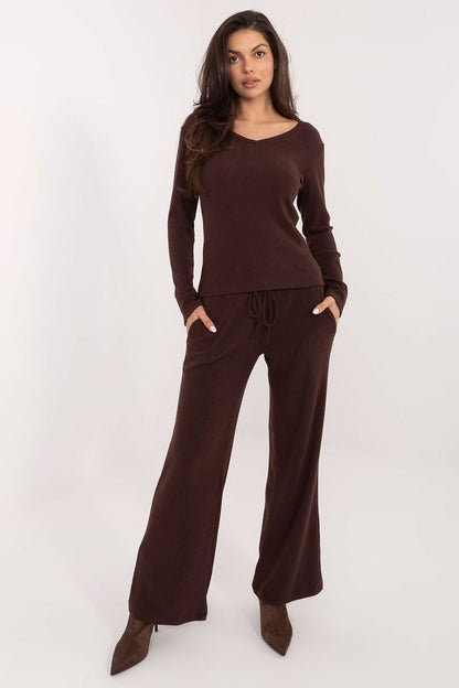 Close-up view of Luxury High-Waist Knit Trousers by Factory Price, highlighting soft premium fabric and ribbed texture.