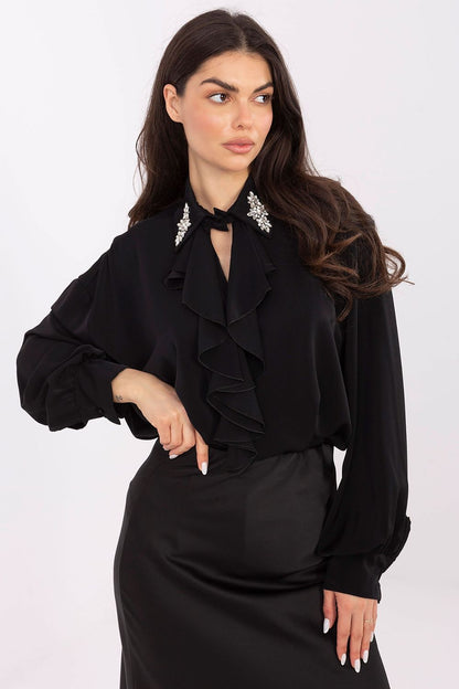 Model wearing the Elegant Long-Line Polyester Blouse with a distinctively longer back, designed by Factory Price for modern elegance and flattering fit.