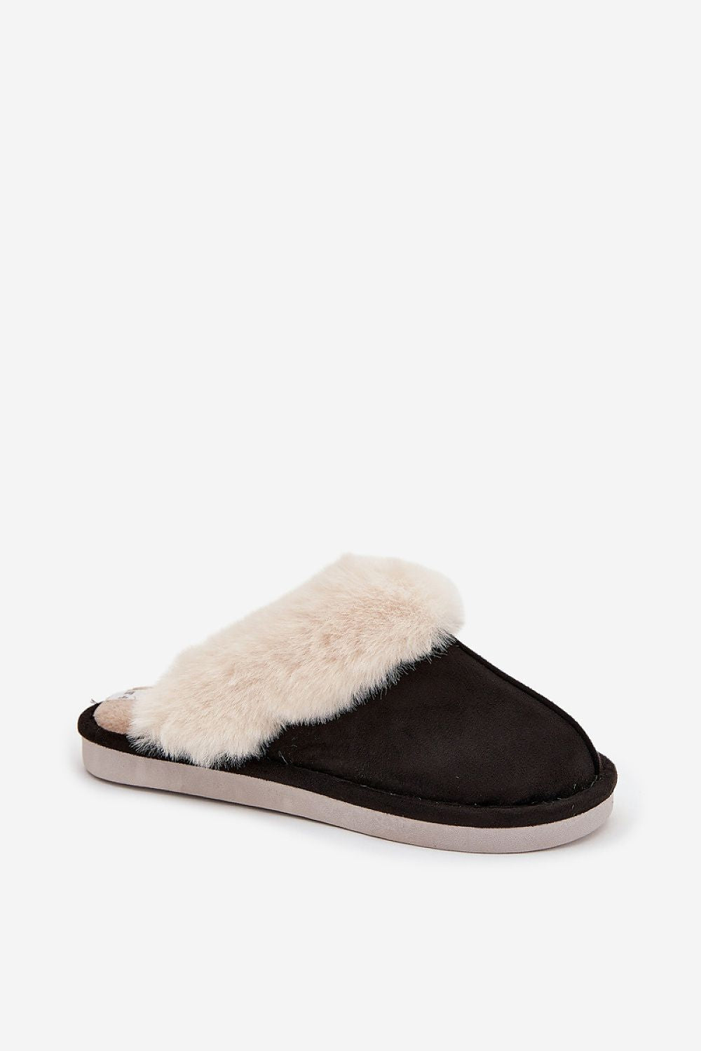 Close-up of Step in Style's eco-suede women's slippers featuring plush fur lining, perfect for a luxurious indoor experience.