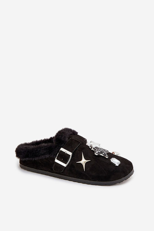 Luxury women's eco suede slippers with fur lining and buckle strap by Step in Style, offering premium comfort and elegance.