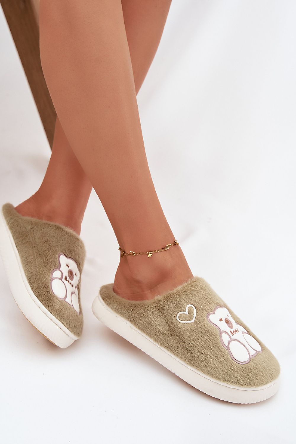 Luxury Furry Women’s Slippers by Step in Style featuring a charming teddy bear and hearts motif in a soft, plush design, ideal for cosy evenings.