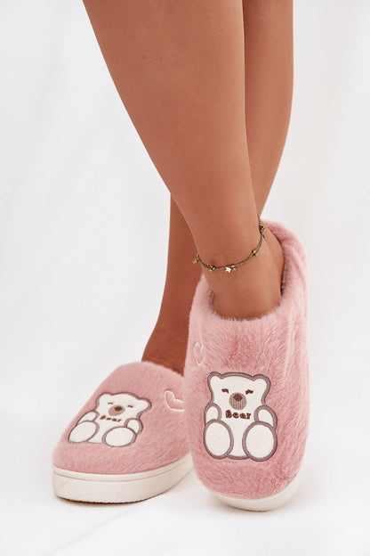 Close-up view of luxury furry Women's Slippers by Step in style highlighting the soft material and whimsical Teddy Bear motif.