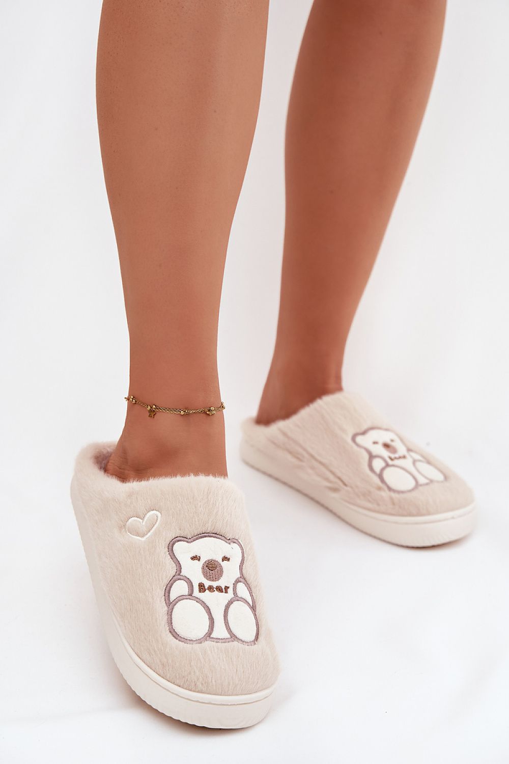 Elegant Women's Furry Slippers with a Charming Hearts print, designed by Step in style for comfort and warmth at home.