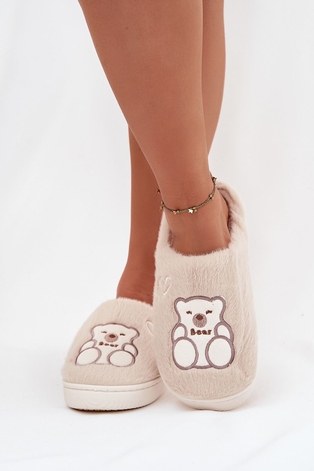 Luxury Furry Women's Slippers by Step in style featuring elegant teddy bear and hearts motif, styled for comfort and fashion.