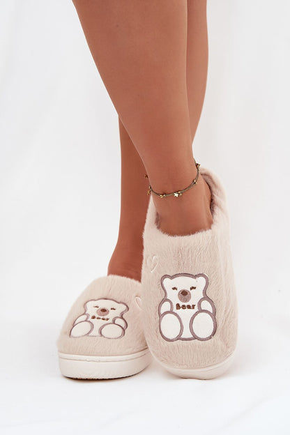 Luxury Furry Women's Slippers by Step in style featuring elegant teddy bear and hearts motif, styled for comfort and fashion.