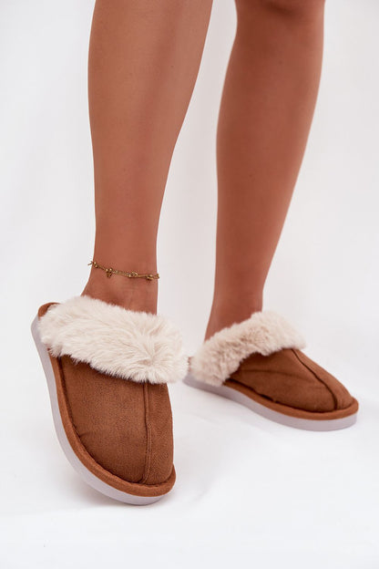 Close-up of Step in Style's Eco Suede Slippers showing the soft fur lining, ideal for cozy lounging at home.