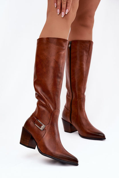 Elegant Women's Natural Leather Heeled Boots by Step in Style featuring chic cut-off pillar heels and a zipper fastening for effortless wear.