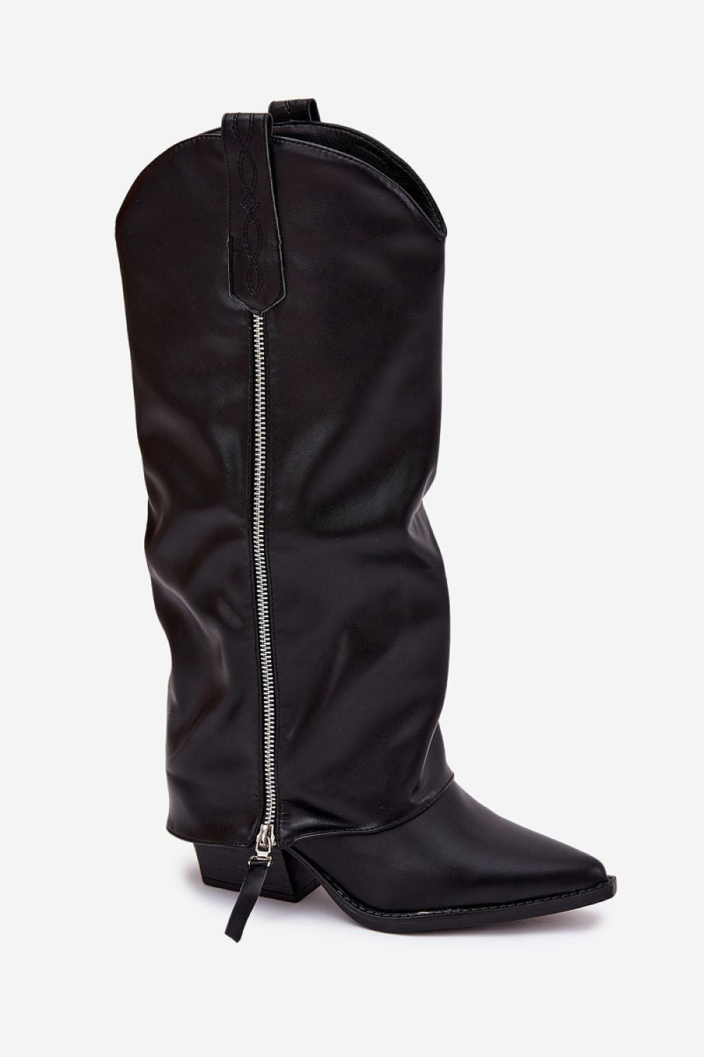 Close-up of the elegant eco-leather cowboy boots by Step in Style, featuring a striking pointed toe and insulated interior for comfort during colder months.