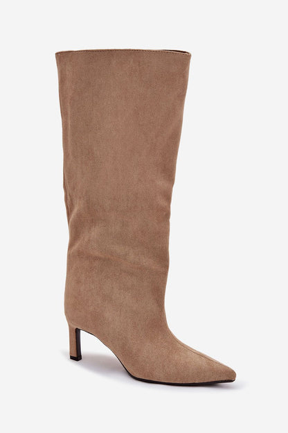 Close-up view of the luxurious eco suede material of the Elegant Women's Heel Boots by Step in Style, highlighting quality craftsmanship and sustainable fashion.