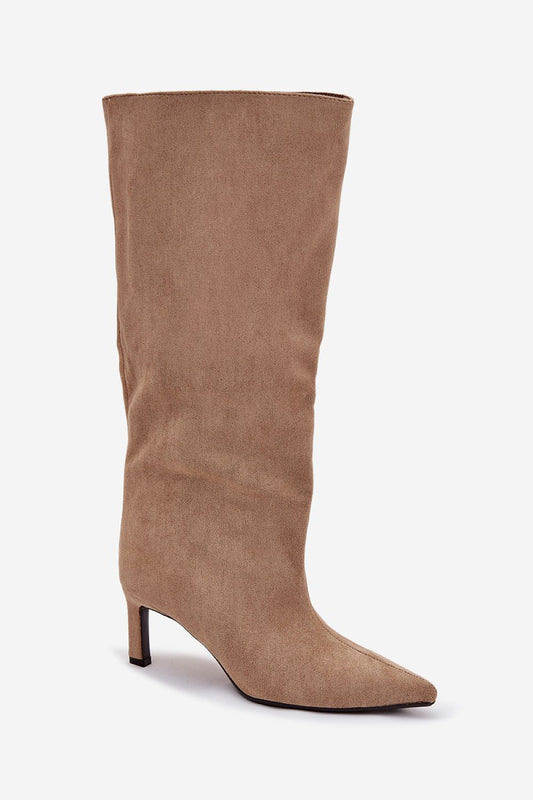 Close-up view of the luxurious eco suede material of the Elegant Women's Heel Boots by Step in Style, highlighting quality craftsmanship and sustainable fashion.
