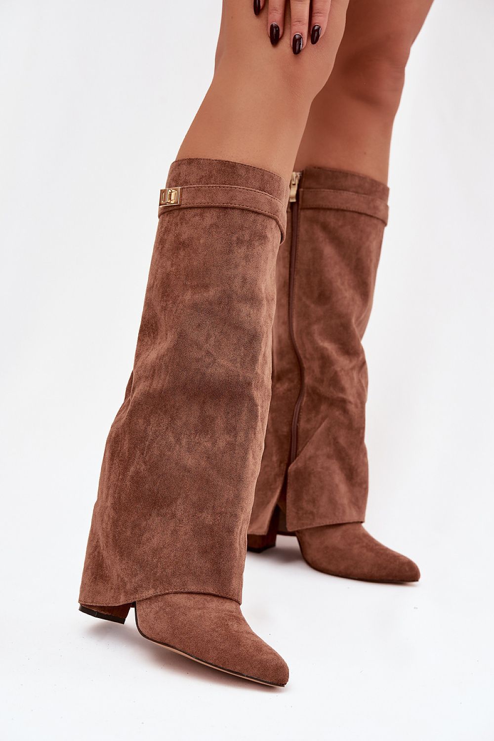 Women's Eco Suede Heel Boots from Step in Style featuring a chic rolled shaft, luxurious eco suede material, and a sophisticated design for an elegant look.