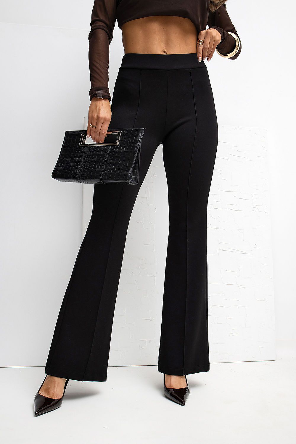 Luxurious Rue Paris High Waist Flared Tracksuit Trousers in soft viscose and spandex, showcasing elegant flared legs for a chic look.