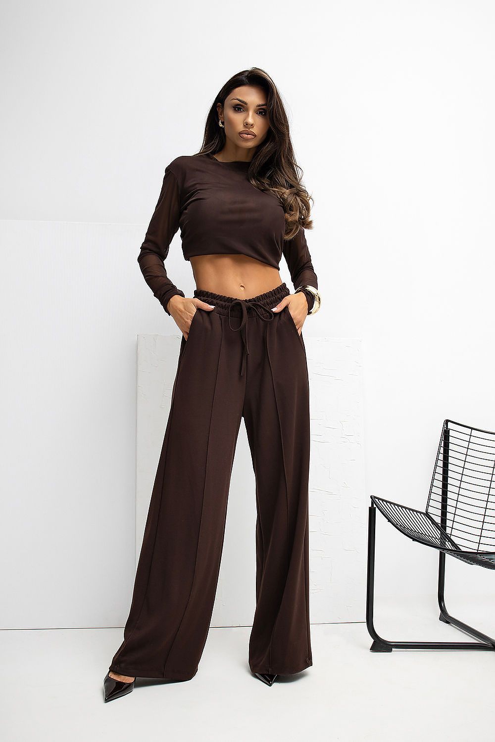 Luxury High-Waist Palazzo Sweatpants from Rue Paris, showcasing an elegant design with wide legs and a flattering silhouette in soft elastic viscose.