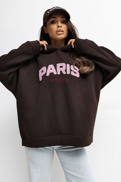 Close-up of the chic embroidered inscriptions on the Comfortable Women's Hoodie Sweatshirt by Rue Paris, adding unique flair and sophistication to casual wear.
