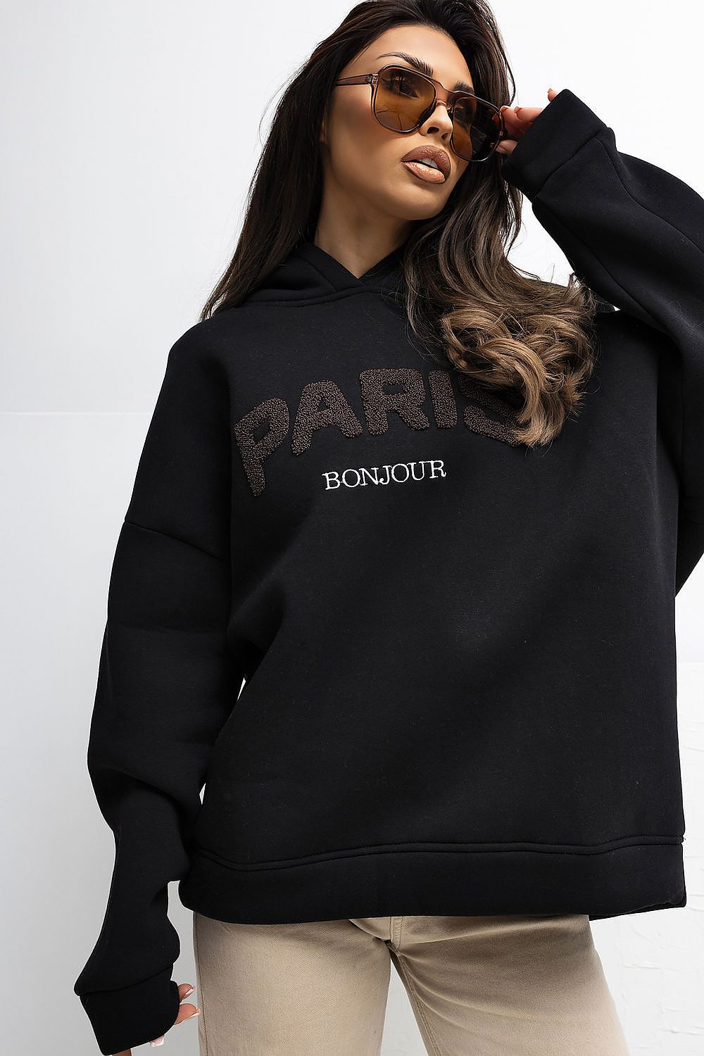 Elegant Comfortable Women's Hoodie Sweatshirt by Rue Paris, showcasing soft cotton blend fabric and stylish casual design, perfect for luxury casual wear.