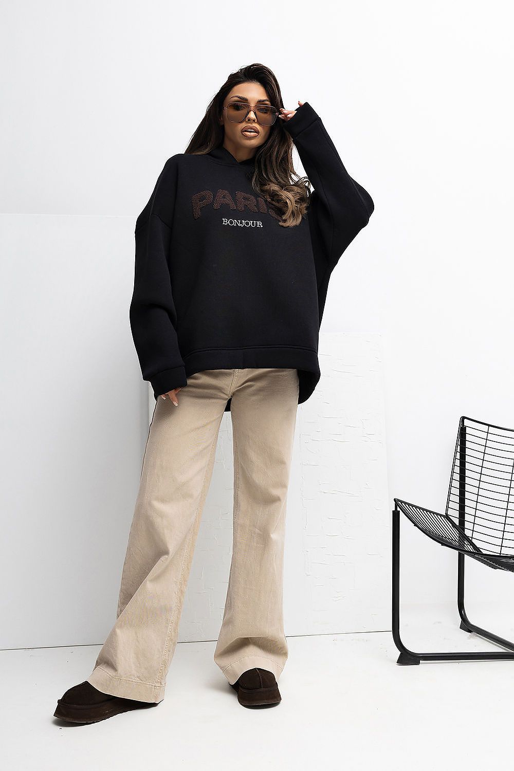 Chic Comfortable Women's Hoodie Sweatshirt by Rue Paris with unique embroidered details, ideal for fashionable layering and everyday elegance.