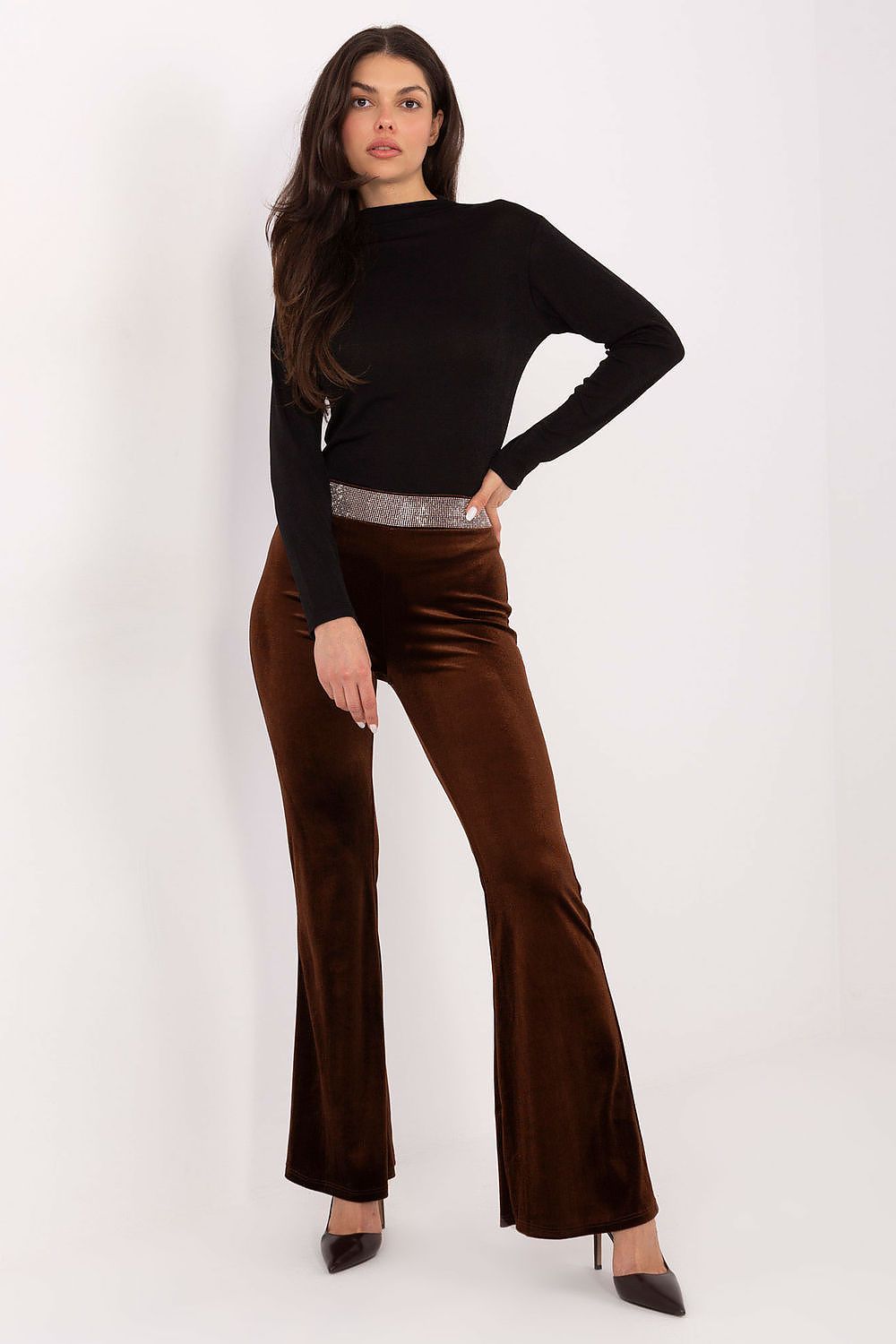 Luxurious Italian Velvet Bell-Bottom Trousers for Women by Italy Moda with elegant jet stone detail, suitable for stylish occasions.