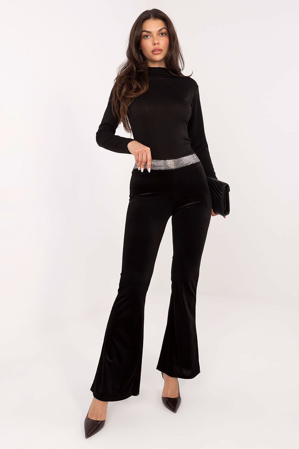 Chic Italian Velvet Bell-Bottom Trousers for Women by Italy Moda, combining wide-leg design and glamorous jet stone embellishment for a stylish silhouette.