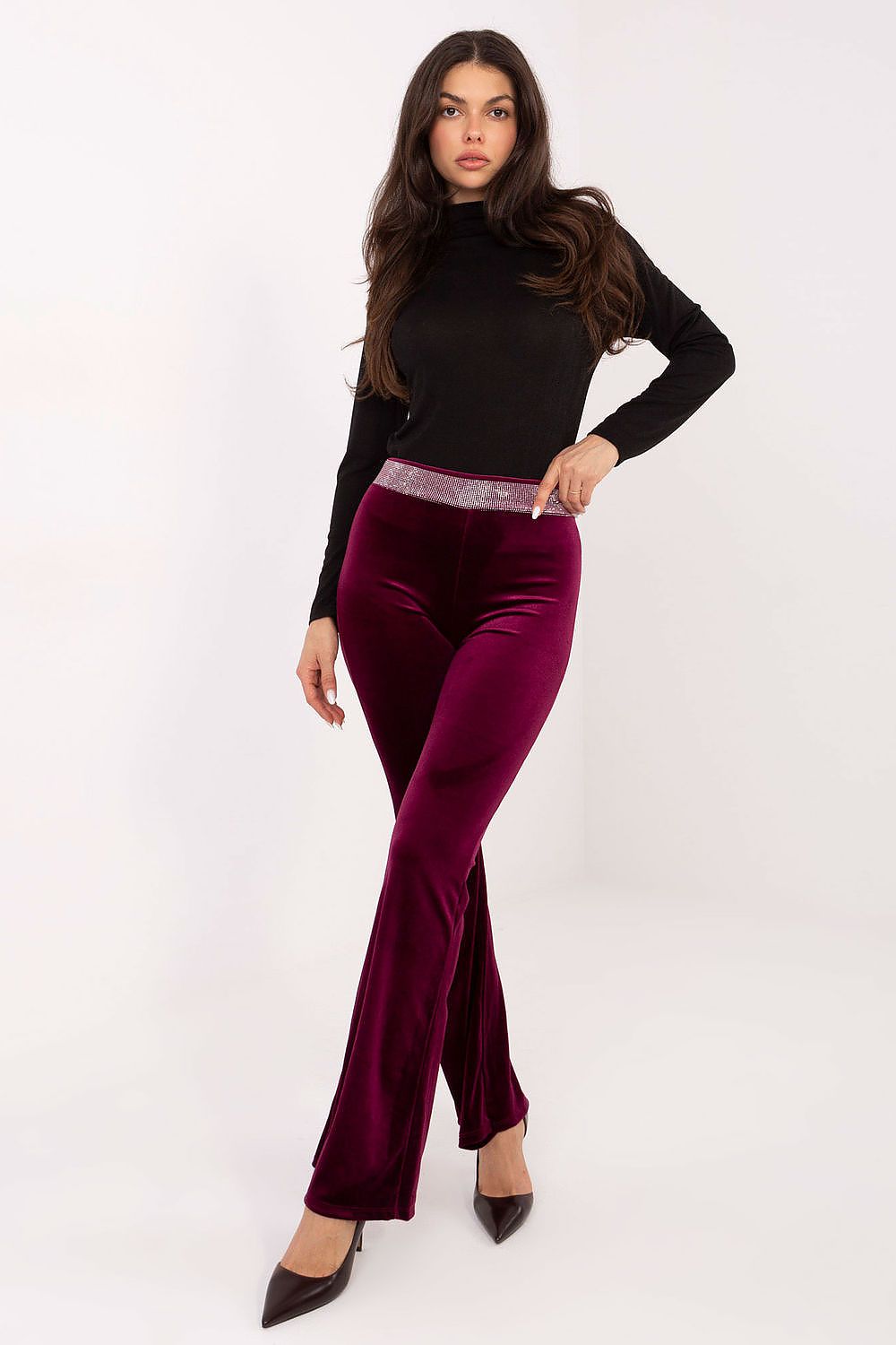 Stylish Italian Velvet Bell-Bottom Trousers for Women by Italy Moda, ideal for chic occasions, featuring a beautiful drape and modern retro charm.