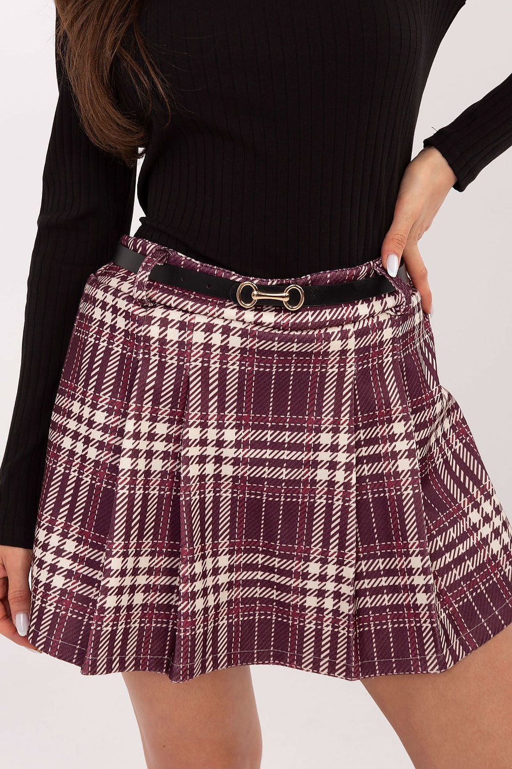 Elegant Plaid Skort by Italy Moda displayed on a hanger, focusing on the intricate plaid pattern and flowing silhouette.