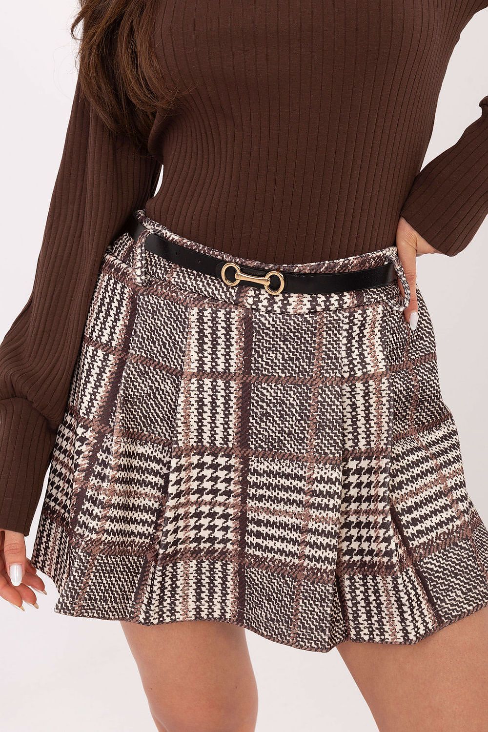 Close-up view of the luxurious plaid pattern on the Elegant Plaid Skort by Italy Moda, showcasing its premium fabric blend.