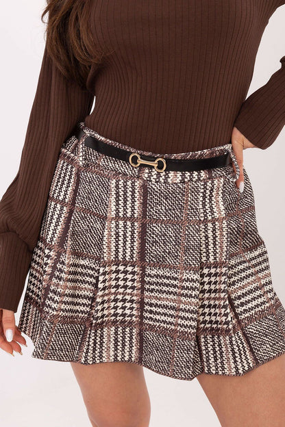 Close-up view of the luxurious plaid pattern on the Elegant Plaid Skort by Italy Moda, showcasing its premium fabric blend.