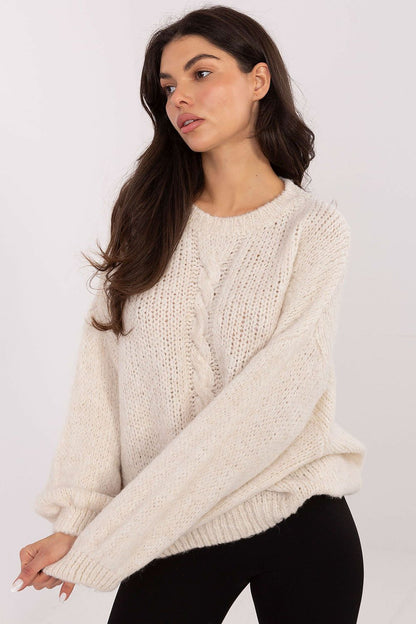 Display of the Luxury Women's Casual Sweater by Italy Moda with a focus on the round neckline and relaxed fit.