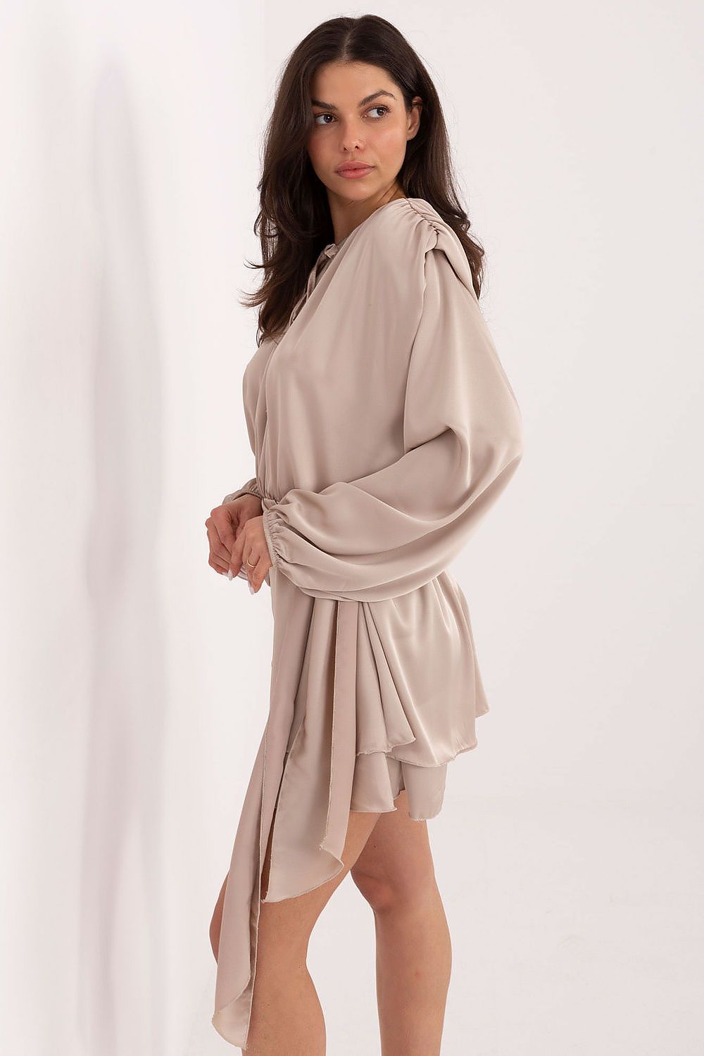 Elegant Italy Moda Jumpsuit with Ruffled Skirt Insert in a flattering silhouette showcasing puff sleeves and ruffles, perfect for luxurious formal occasions.