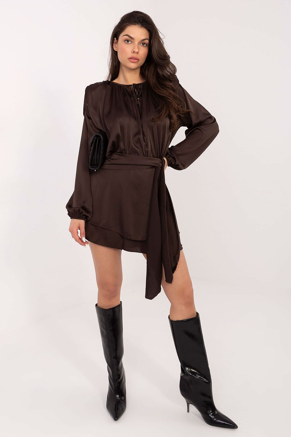 Elegant Italy Moda Jumpsuit with Ruffled Skirt Insert, showcasing flared dress style and puff sleeves, perfect for formal occasions and parties.