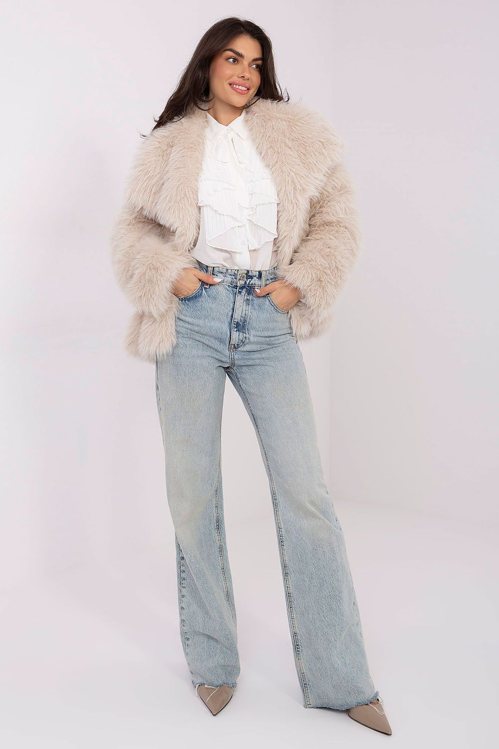 Elegant Long Sleeve Women's Shirt by Italy Moda featuring a luxurious pleated jabot and tailored fit in EU sizes 0-4.