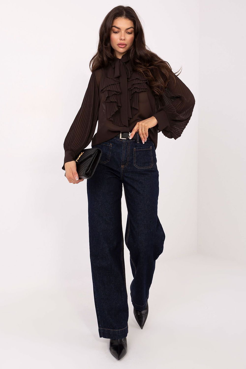 Elegant flat lay of the Italy Moda Long Sleeve Women's Shirt in rich fabric texture highlighting its timeless design and versatility.