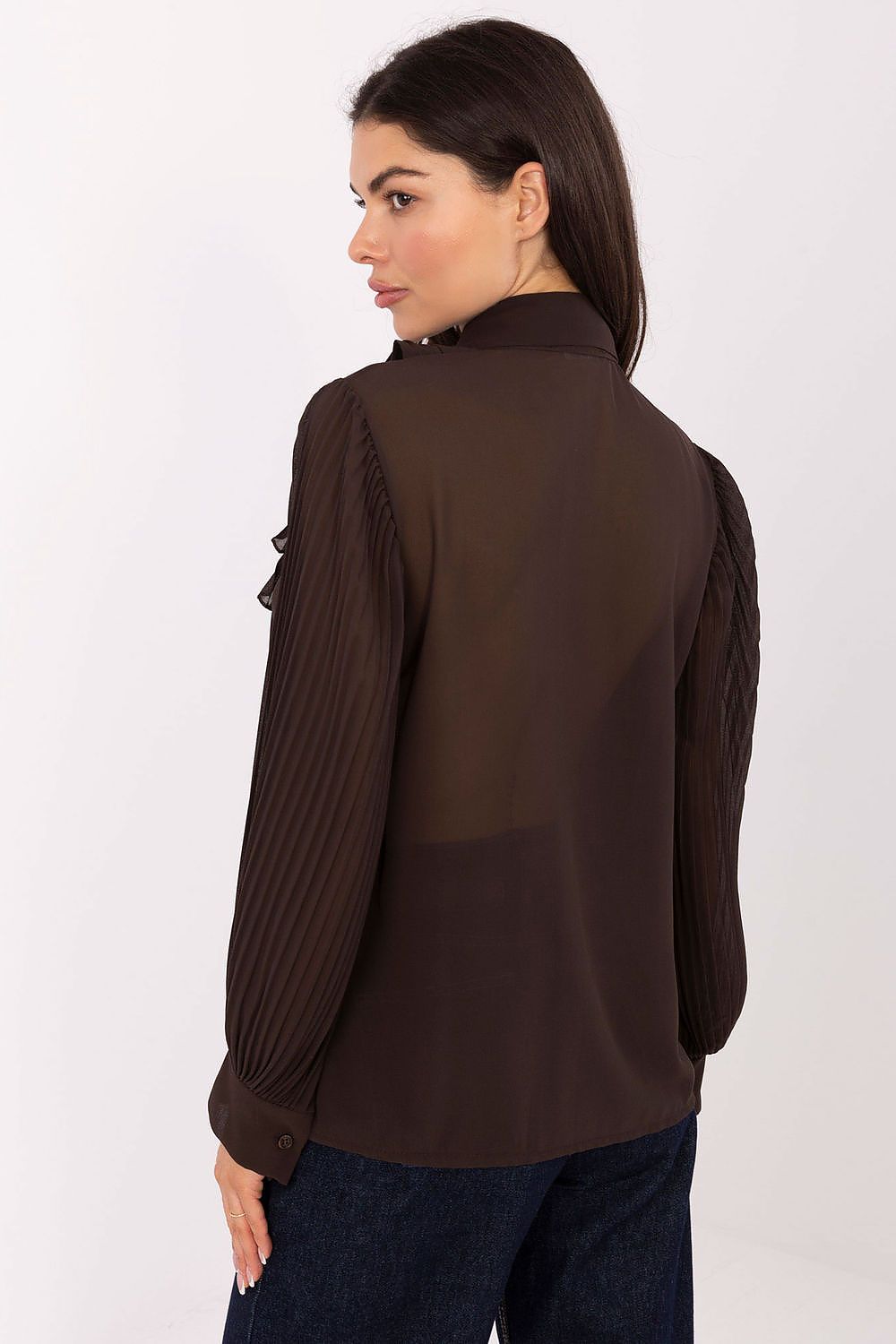 Elegant Long Sleeve Women's Shirt by Italy Moda, showcasing a pleated jabot and refined button fastening, tailored in EU sizes 0-4.