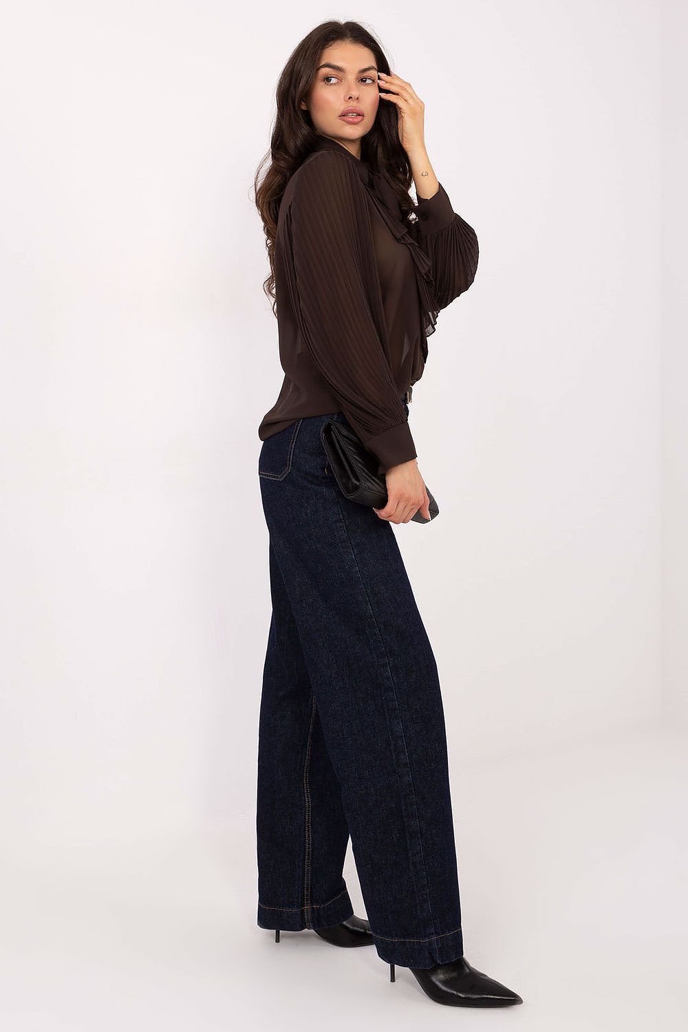 Close-up detail of the pleated jabot on the Elegant Long Sleeve Women's Shirt by Italy Moda, highlighting its luxurious design.