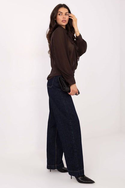 Close-up detail of the pleated jabot on the Elegant Long Sleeve Women's Shirt by Italy Moda, highlighting its luxurious design.