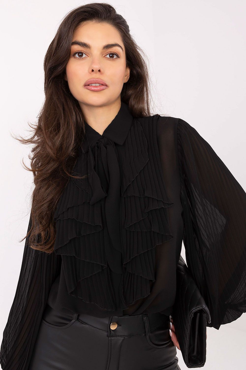 Full view of the Elegant Long Sleeve Women's Shirt by Italy Moda, demonstrating its sophisticated silhouette and premium fabric.