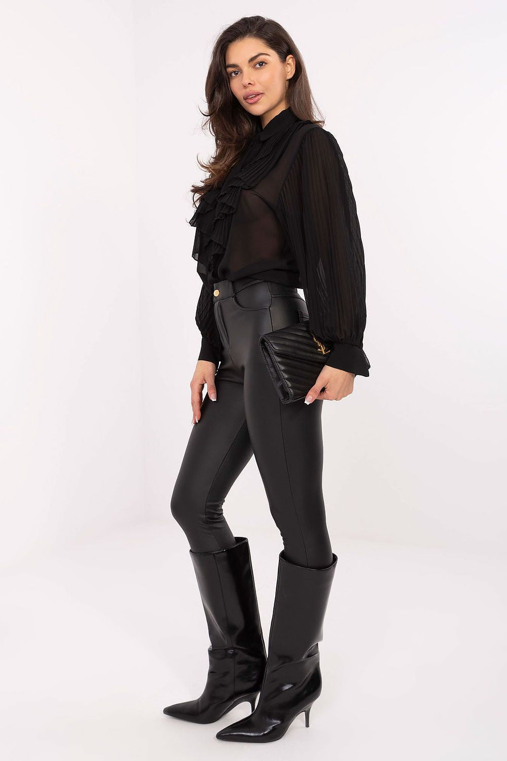 Elegant long sleeve women's shirt by Italy Moda, featuring a pleated jabot and refined button fastening, designed in EU sizes 0-4. Perfect for sophisticated style and comfort.