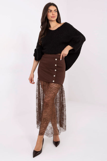 Elegant midi skirt with lace insert by Italy Moda, showcasing a chic design and luxurious viscose blend fabric.