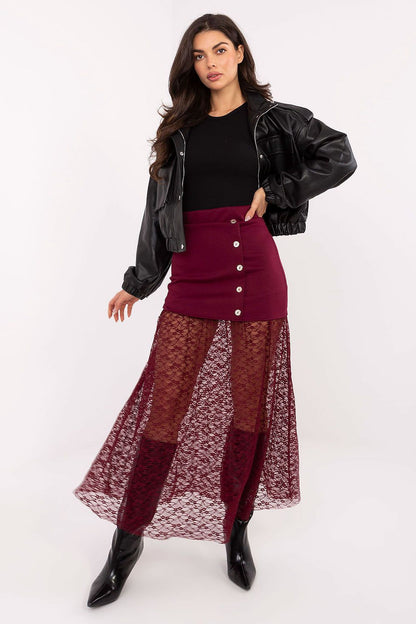 Side view of the Italy Moda Elegant Midi Skirt with Lace Insert, highlighting the soft fabric and stretchy waistband for ultimate comfort and style.