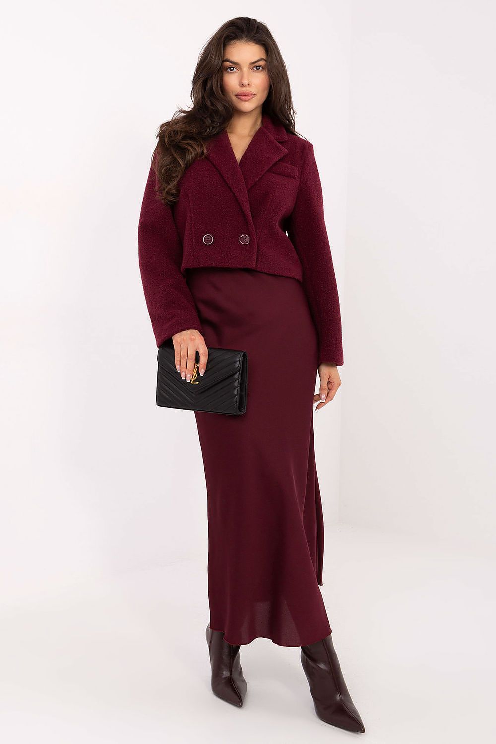 Italy Moda's Elegant Long Satin Skirt displayed with a chic blouse for an office-ready look, emphasizing versatility and sophistication.