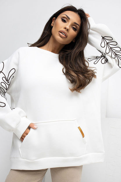 Sophisticated Women's Casual Sweatshirt by Rue Paris featuring a classic round neckline and kangaroo pocket, ideal for warmer wear with trendy embroidered accents.