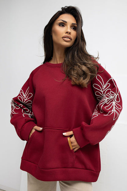 Elegant Women's Embroidered Casual Sweatshirt by Rue Paris featuring stylish embroidered sleeves and kangaroo pocket, perfect for casual outings.
