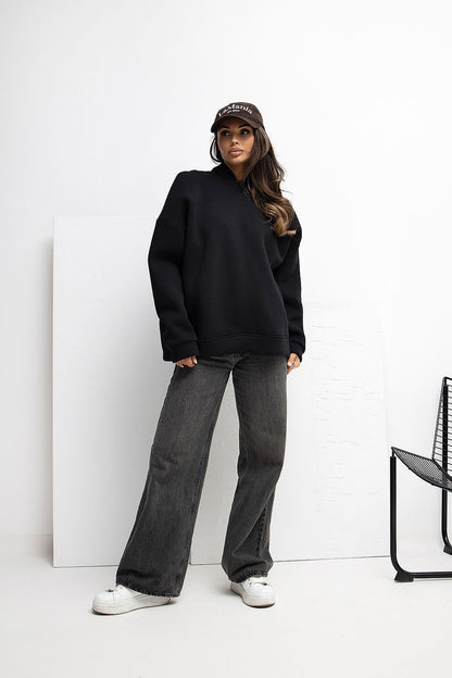 Rue Paris Casual Loose Hoodie Blouse for Women, showcasing soft cotton-spandex blend fabric with long sleeves and sporty hood, perfect for luxurious daily wear.