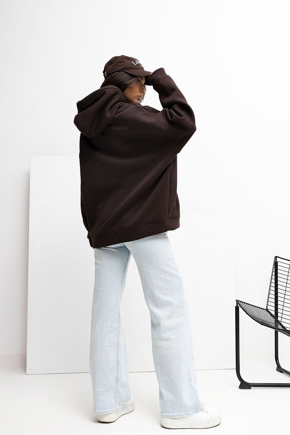 Stylish long sleeve hoodie, Rue Paris brand, perfect for colder days with sporty hood and minimalist appeal.