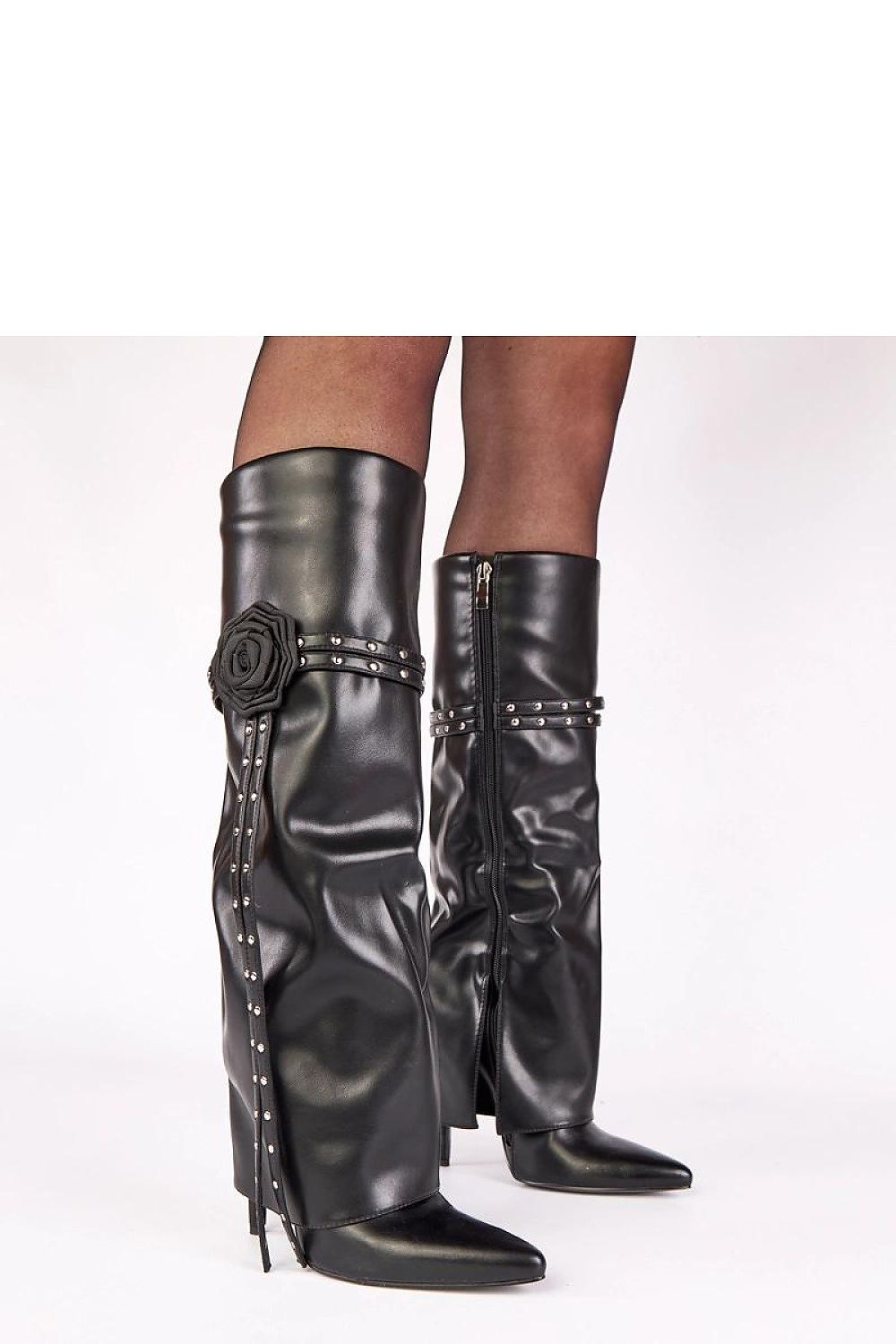 Solea Women’s Elegant Heel Boots featuring decorative straps and pointed toe design, showcasing a chic 34cm shaft height for a sophisticated look.