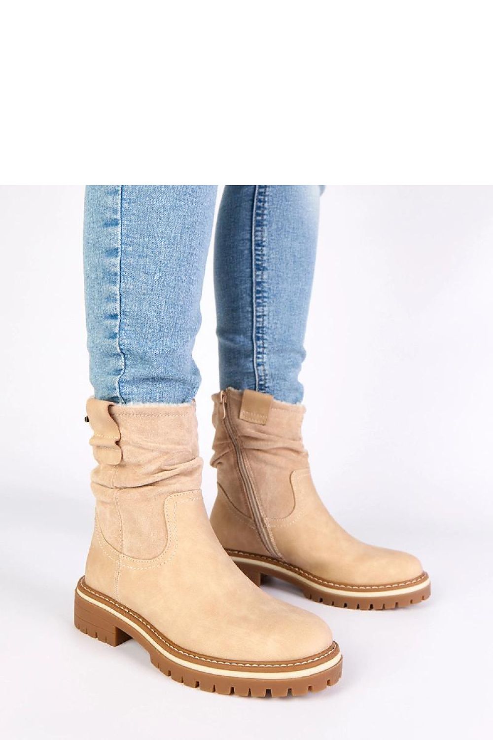 Elegant Beige Pleated Shaft Flat Boots by Solea, showcased with a stylish pleated design perfect for autumn-winter fashion.